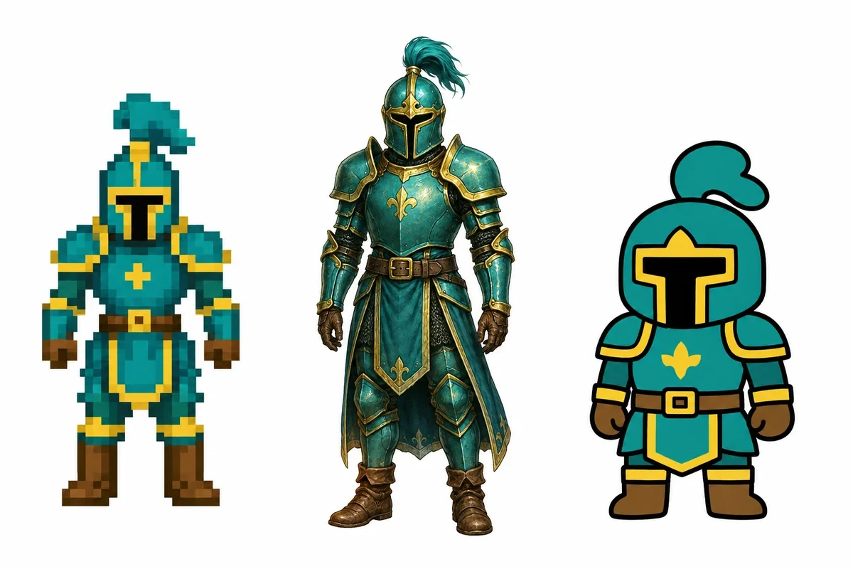 Pixel art knight concept alongside alternate art styles