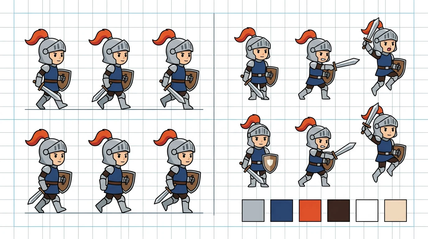 Illustrative knight poses sharing a gray armor palette