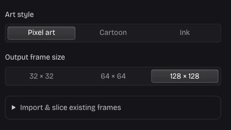 Pixel Art AI output size controls in the real local editor