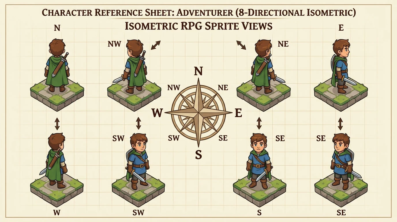 Adventurer character shown in eight directions