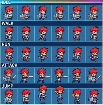 Matching warrior arranged as a sprite sheet in the Sprite Flow illustration