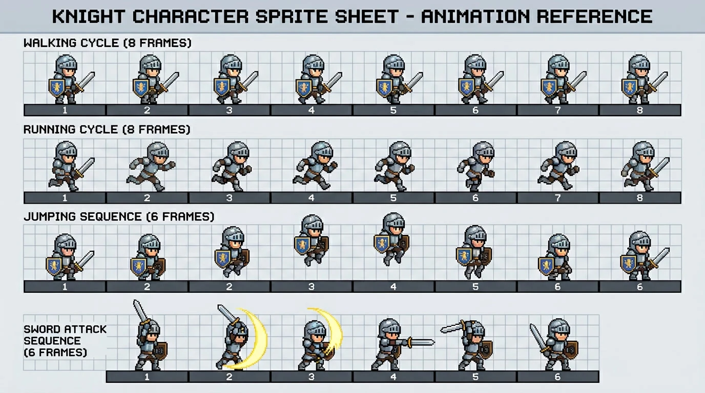Illustrative knight action sequences arranged in rows